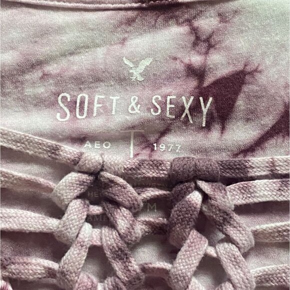 American Eagle Soft & Sexy Tie-Dye Long Sleeve Shirt-Braided Neckline-Purple-M - Picture 5 of 7